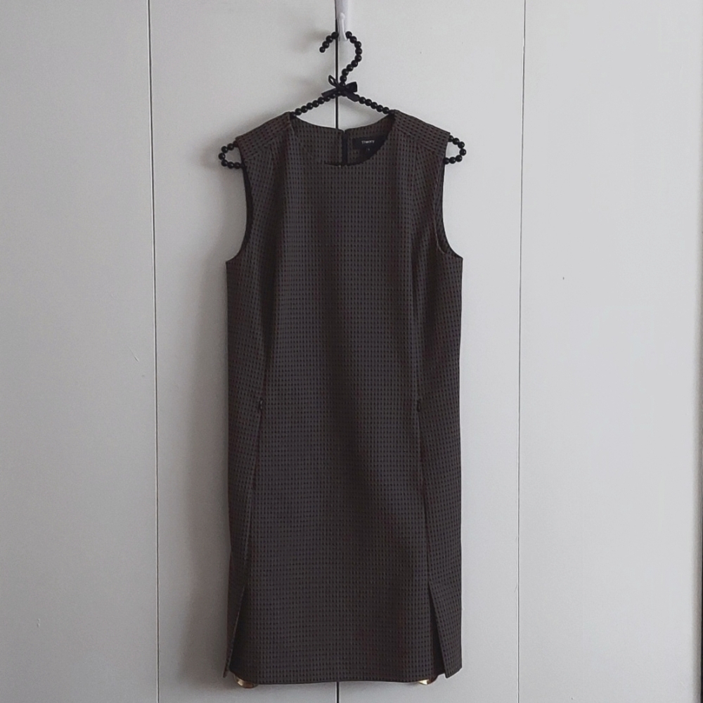 Theory Black Dot Jacquard Vent Front Sleeveless Shift Dress Size 4 Brown Blue